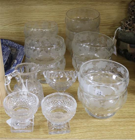 Eleven Victorian vine-engraved finger bowls, a pair of salts and two other items